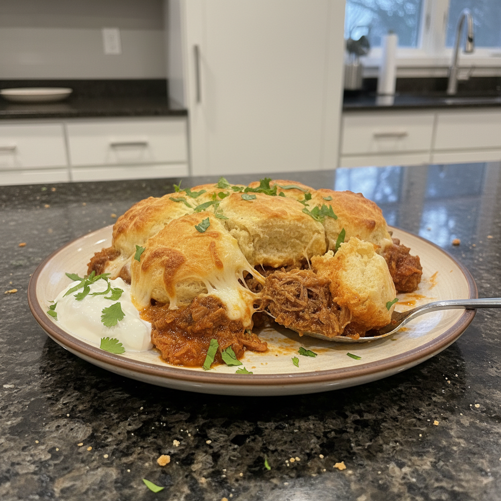 A golden-brown Barbacoa Biscuit Bake fresh from the oven, with tender meat peeking through fluffy biscuits.