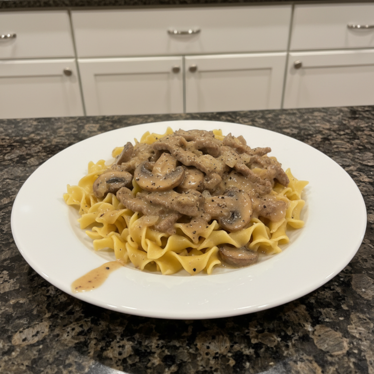Creamy Beef Stroganoff served over egg noodles, garnished with fresh parsley.