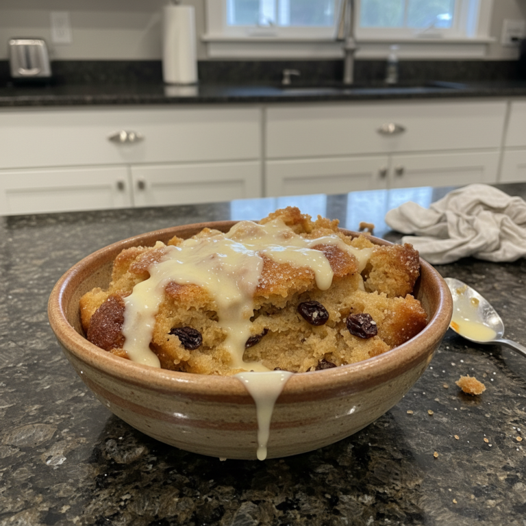 A delightful slice of warm bread pudding recipe, glistening with sweet caramel sauce and a dollop of whipped cream.