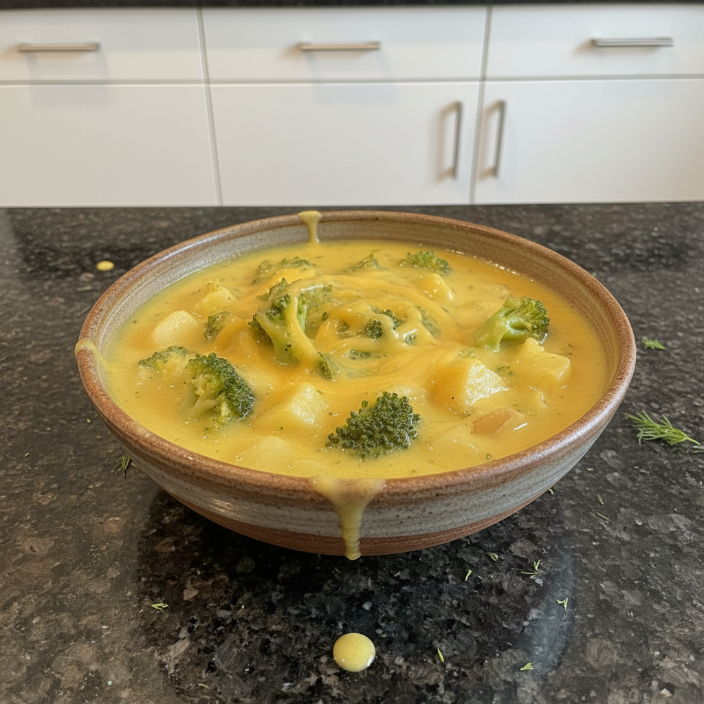 A rich, creamy bowl of Broccoli Cheese Soup with Potatoes, topped with fresh chives and melted cheddar.