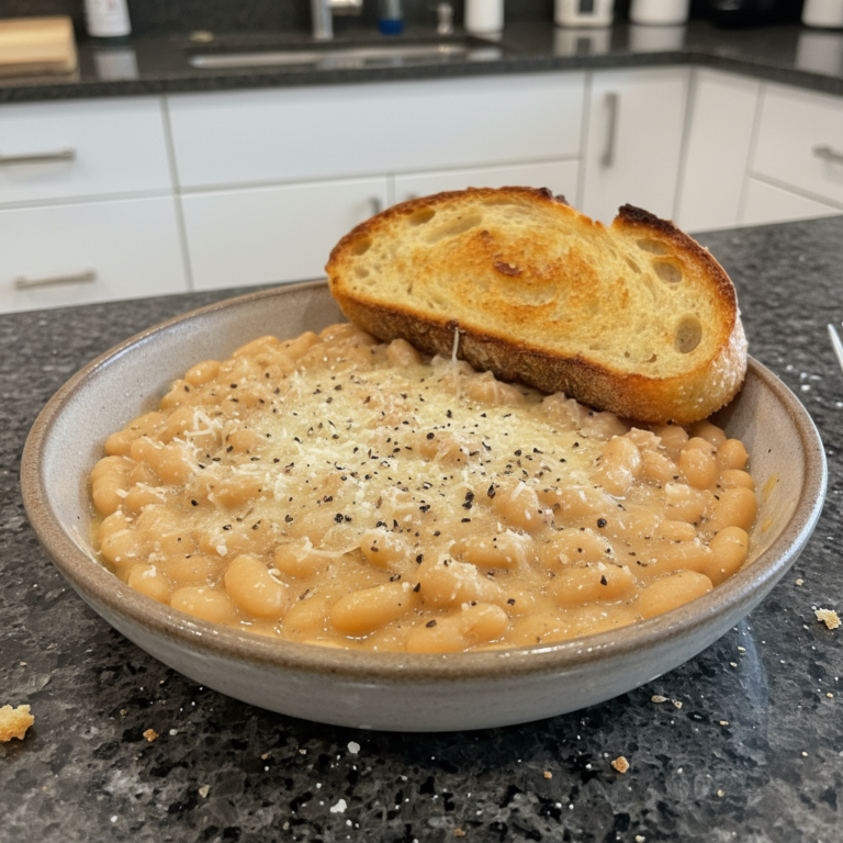 A close-up of a creamy Cacio E Pepe White Beans Skillet, garnished with fresh pepper and parsley, ready to serve.