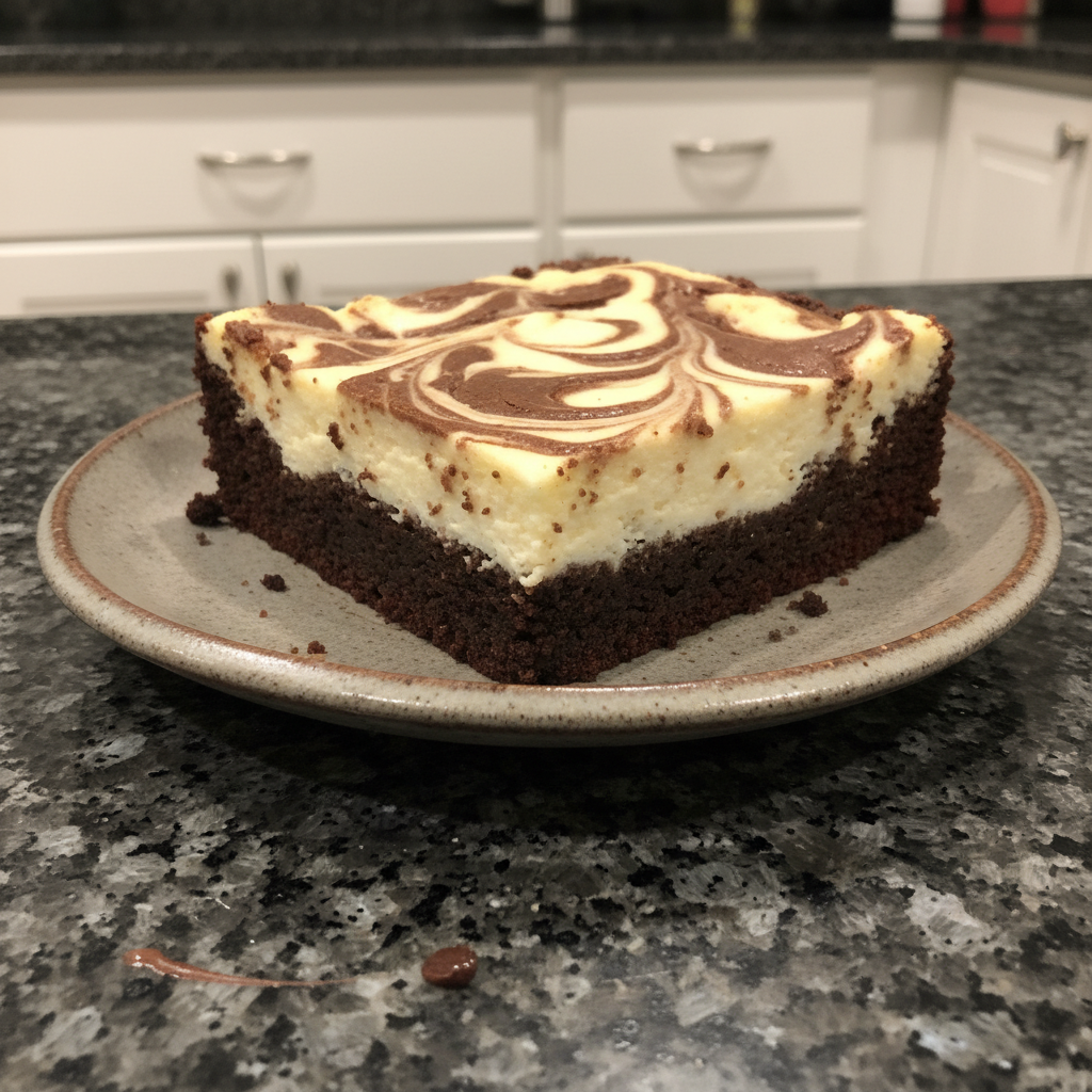 A beautiful overhead shot of freshly baked cheesecake brownies on a cooling rack, showcasing their rich, marbled texture.