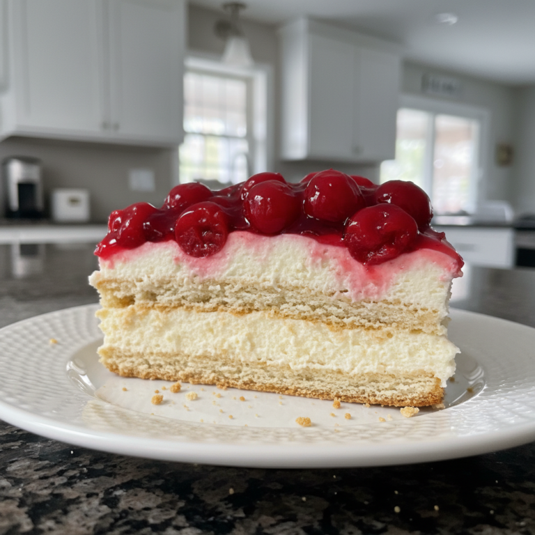 A beautiful slice of no-bake cherry cheesecake icebox cake with whipped cream and fresh cherries on top.