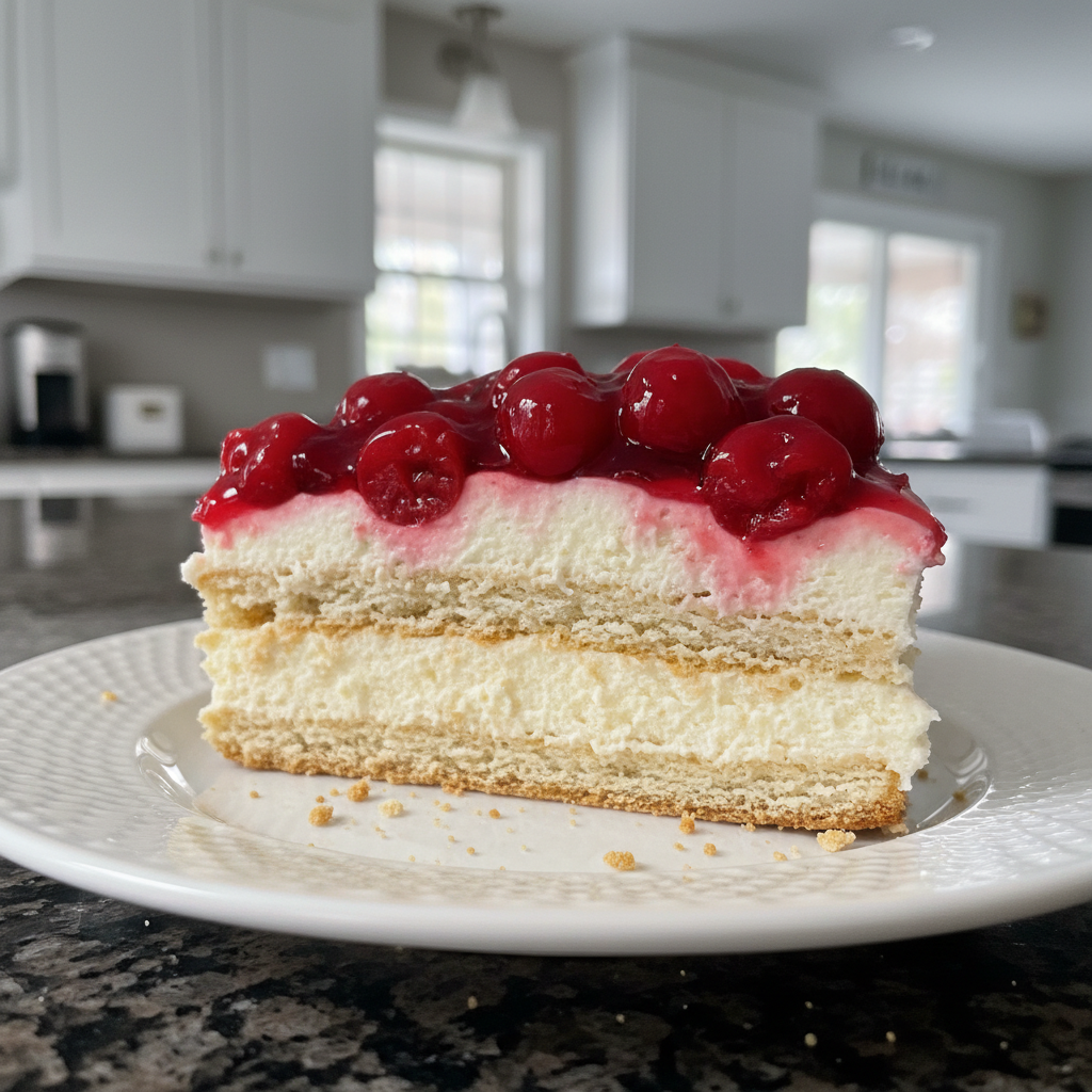 A beautiful slice of no-bake cherry cheesecake icebox cake with whipped cream and fresh cherries on top.