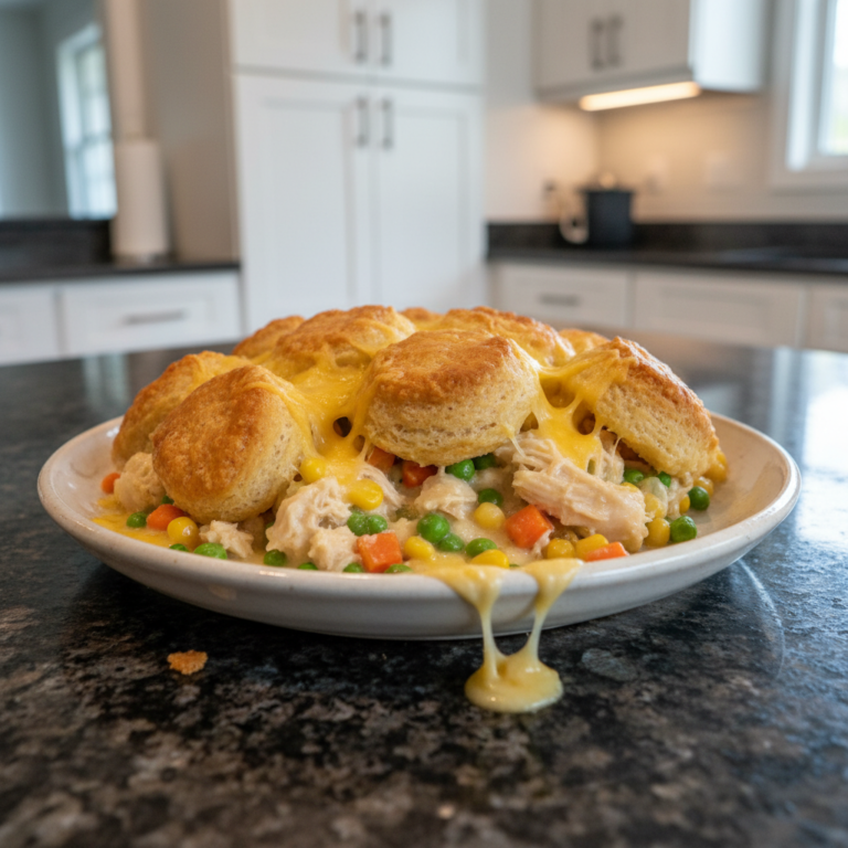 A golden-brown Chicken Pot Pie Bubble Up Casserole, fresh from the oven, bubbling with creamy filling and biscuits.