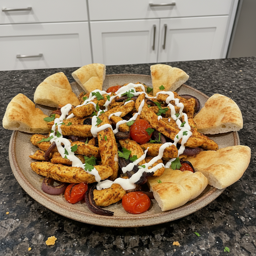 A vibrant Chicken Shawarma Sheet-Pan Dinner, featuring golden-brown chicken, roasted vegetables, and creamy sauce, ready to serve.