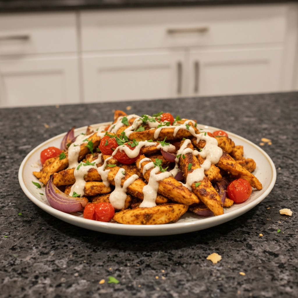 A vibrant sheet pan filled with golden-brown chicken shawarma, roasted vegetables, and fresh herbs, perfect for a weeknight dinner.