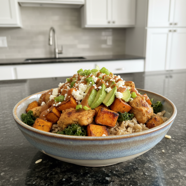 A vibrant Chicken Sweet Potato Rice Bowl with tender chicken, roasted sweet potatoes, fluffy rice, and a garnish of fresh herbs.