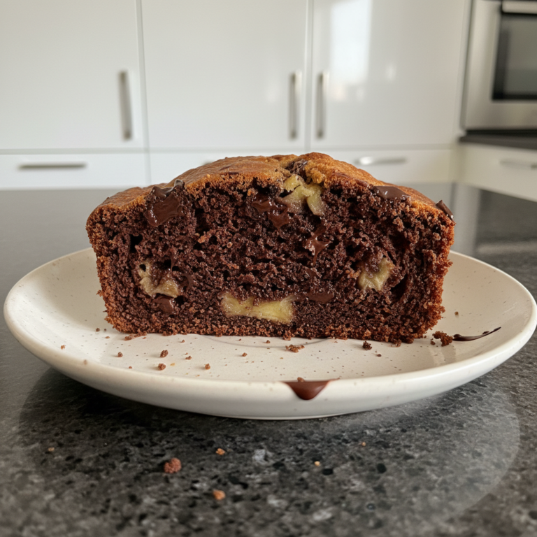 A golden brown loaf of warm Chocolate Banana Bread, sliced to show melty chocolate chips and a moist, tender crumb.