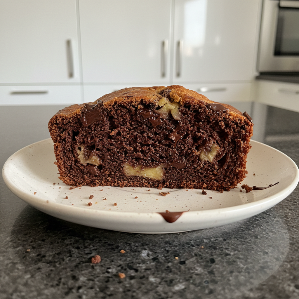 A golden brown loaf of warm Chocolate Banana Bread, sliced to show melty chocolate chips and a moist, tender crumb.
