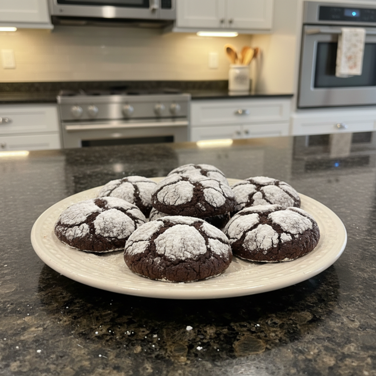 A close-up of delicious chocolate crinkles recipe cookies, dusted with powdered sugar and piled on a white plate.