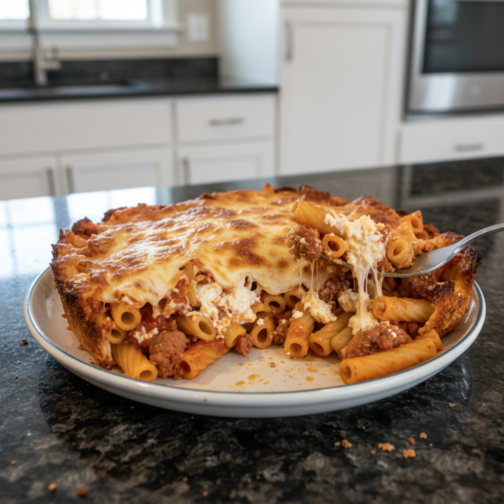 A golden-brown pan of bubbly Cottage Cheese Baked Ziti, topped with melted mozzarella and fresh basil, ready to serve.