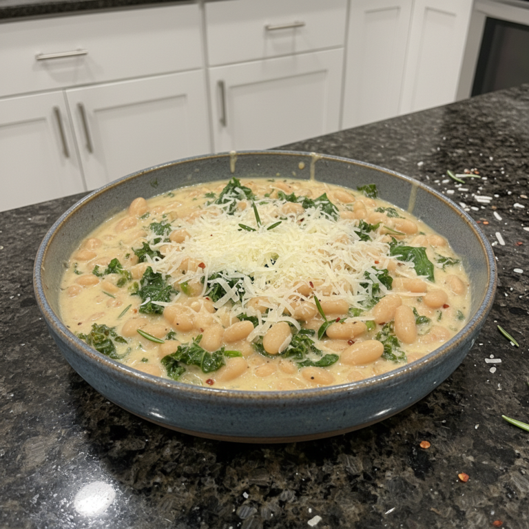 A deliciously creamy garlic parmesan white beans skillet, garnished with fresh herbs and ready to serve.
