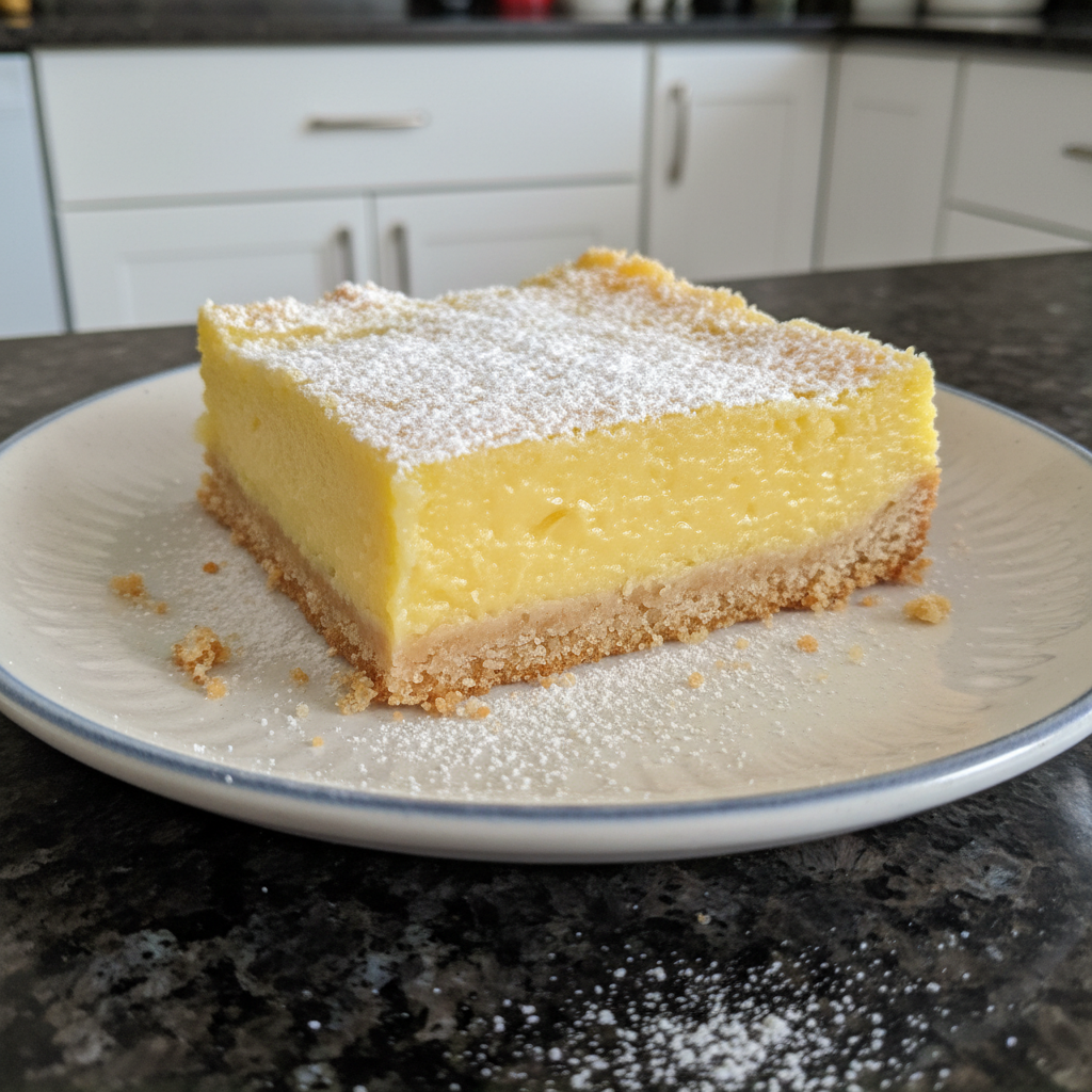 A stack of glistening creamy lemon bars dusted with powdered sugar, ready to be enjoyed.