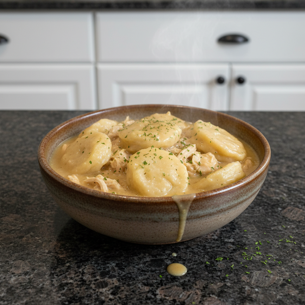 A steaming bowl of creamy Crockpot Chicken & Dumplings (Frozen Dumplings) garnished with fresh parsley.