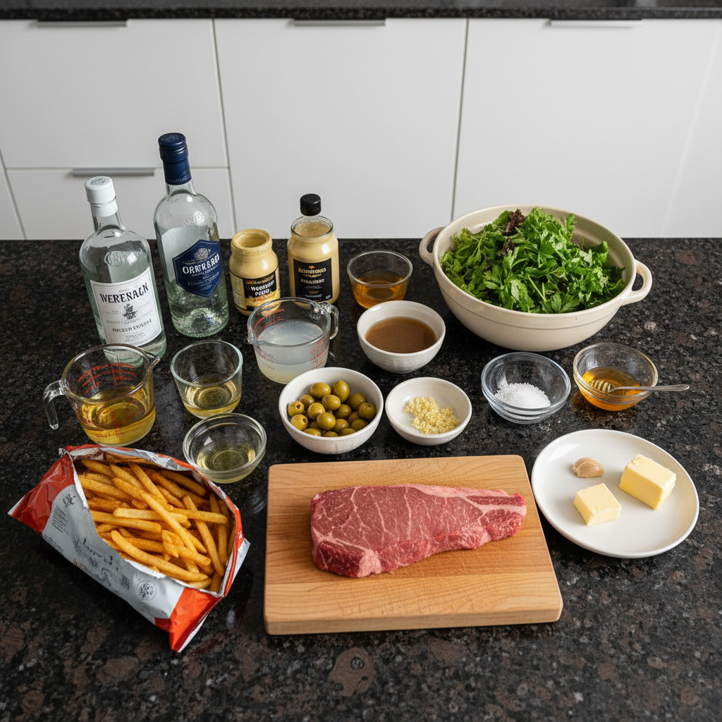 Fresh ingredients laid out for making delicious Dirty Martini Steak Frites, including steak, potatoes, and olives.