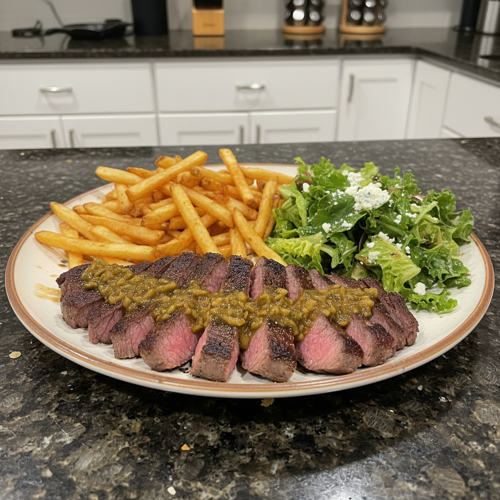 A beautifully seared Dirty Martini Steak Frites with golden fries and a rich, olive-infused sauce.