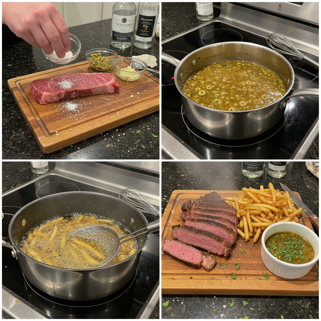A chef searing a thick cut of steak in a hot pan, a crucial step for perfect Dirty Martini Steak Frites.
