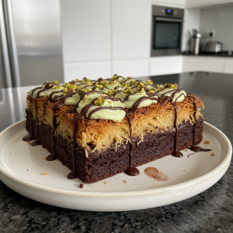 A decadent plate of freshly baked Dubai chocolate brownies, rich and fudgy, topped with a sprinkle of sea salt.