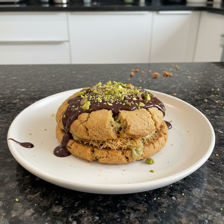A close-up of a warm, gooey Dubai chocolate cookie with a molten chocolate center on a cooling rack.