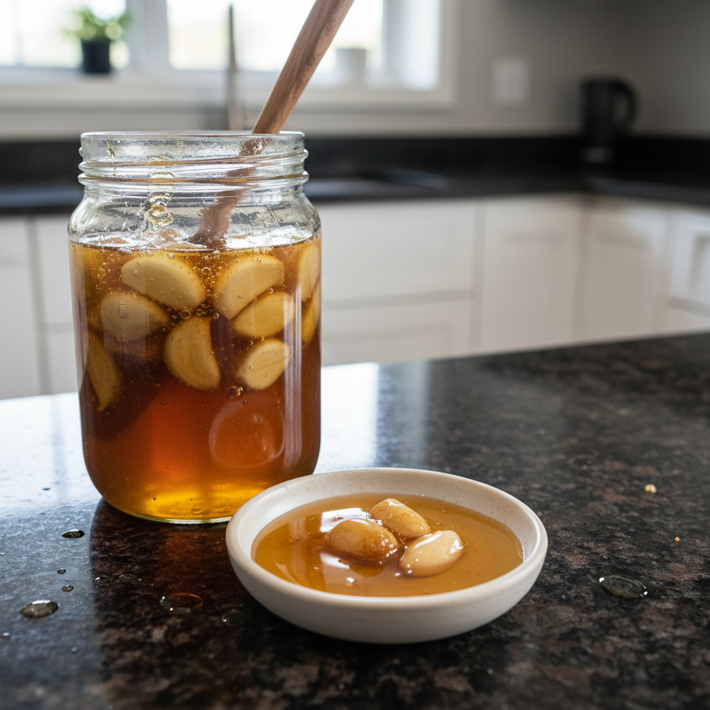 Close-up of golden Fermented Garlic Honey with bubbling garlic cloves in a glass jar, ready for use.