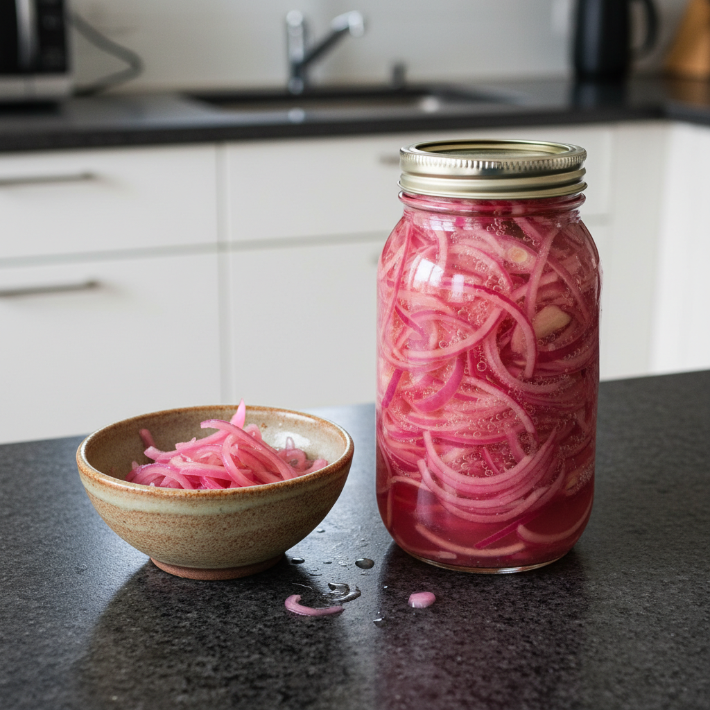 A close-up of vibrant pink fermented onions in a glass jar, ready to be enjoyed as part of this Fermented Onions Recipe.