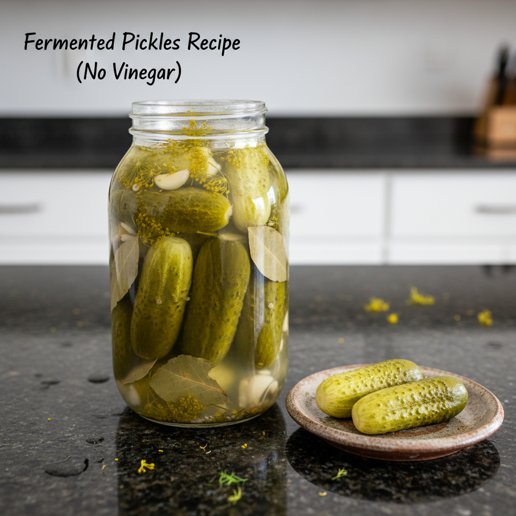A clear jar filled with homemade fermented pickles recipe (no vinegar), featuring fresh dill and garlic cloves.