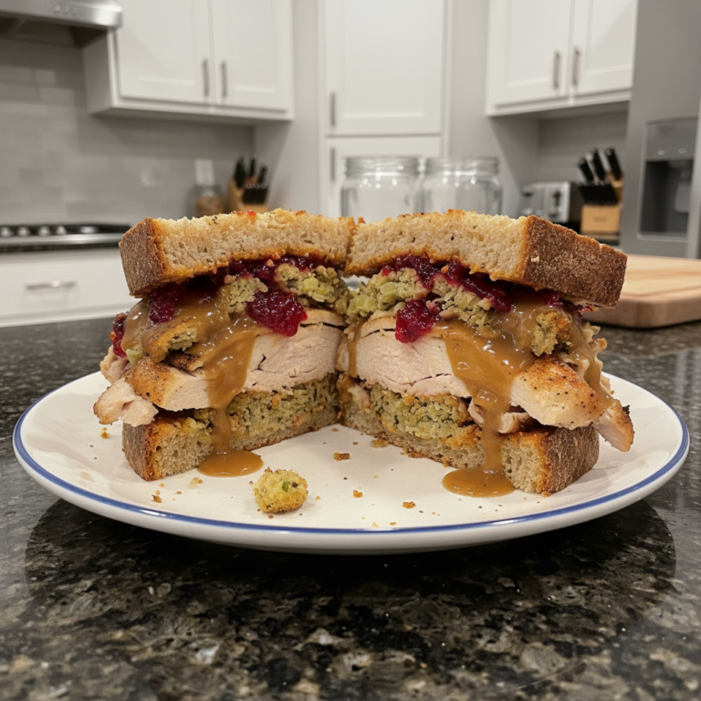 A towering Giant Thanksgiving Leftover Sandwich with turkey, stuffing, cranberry sauce, and gravy on thick bread.