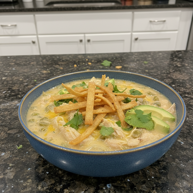 A steaming bowl of creamy green chile chicken enchilada soup garnished with cilantro and cheese, ready to enjoy.