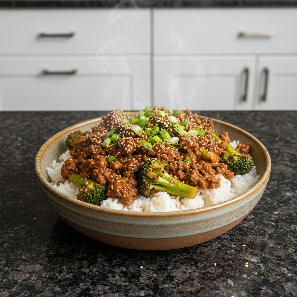 A vibrant plate of Ground Beef & Broccoli Stir Fry, garnished with sesame seeds, ready to be enjoyed.