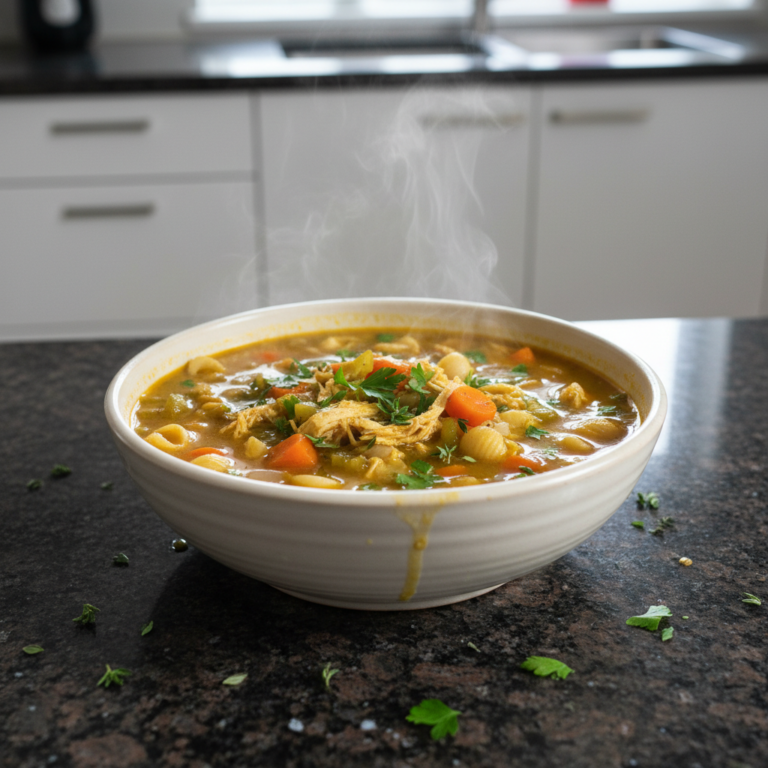 A comforting bowl of Gut Healing Chicken Soup, rich with ginger and turmeric, garnished with fresh dill.
