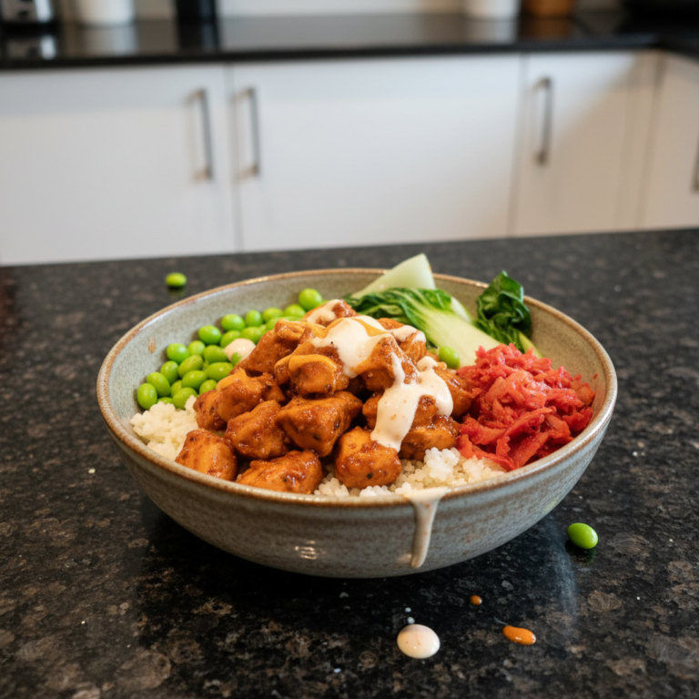 A vibrant and delicious Gut Health Kimchi Chicken Bowl with colorful vegetables, kimchi, and tender chicken, ready to be enjoyed.