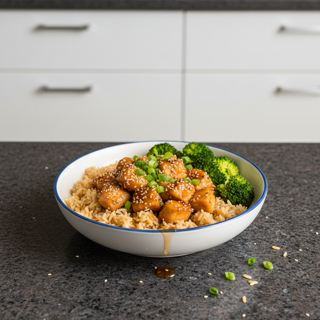 A vibrant Healthy Garlic Chicken Rice Bowl, showcasing perfectly cooked chicken, fresh vegetables, and fluffy rice.