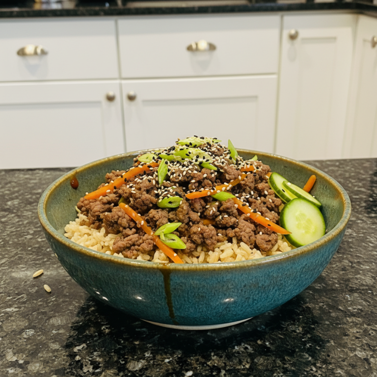 A vibrant Healthy Ground Beef Rice Bowl topped with fresh green onions, sesame seeds, and a perfectly fried egg.