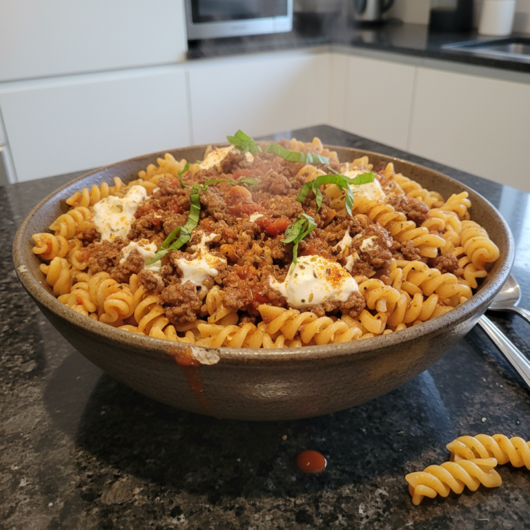 A close-up shot of a hearty bowl of High Protein Beef Pasta Recipe, garnished with fresh basil leaves.