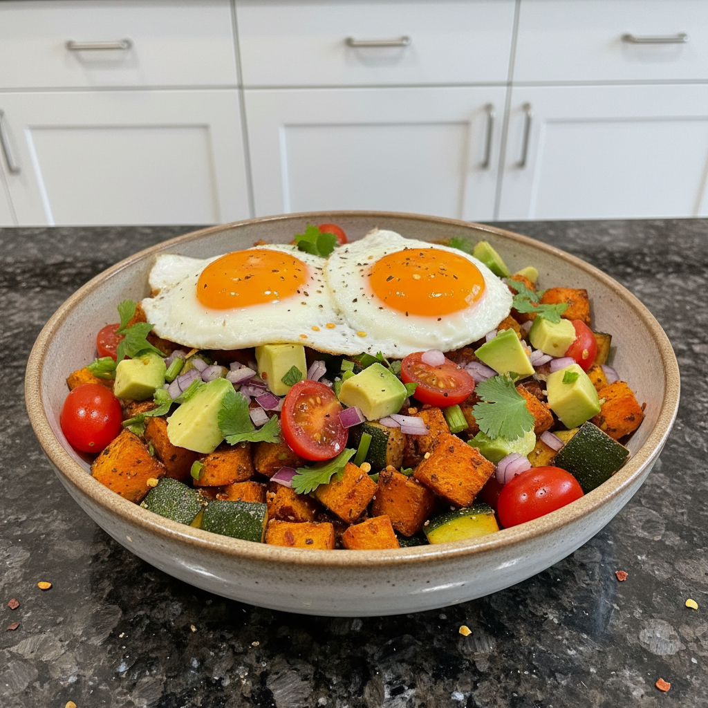 A close-up of a High Protein Breakfast Bowl with Eggs & Sweet Potato, garnished with avocado and fresh herbs.