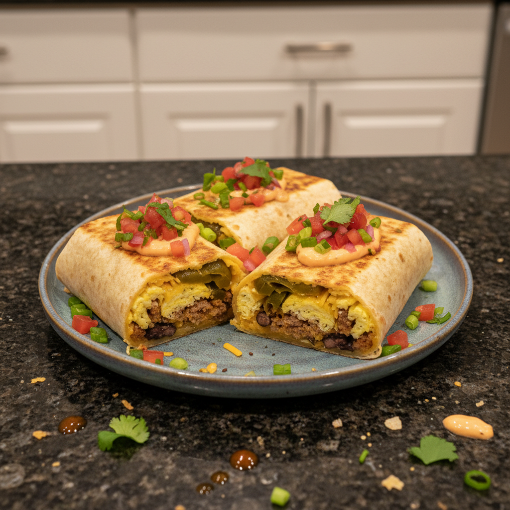 A vibrant close-up of a high protein breakfast burrito, golden brown and overflowing with savory fillings.