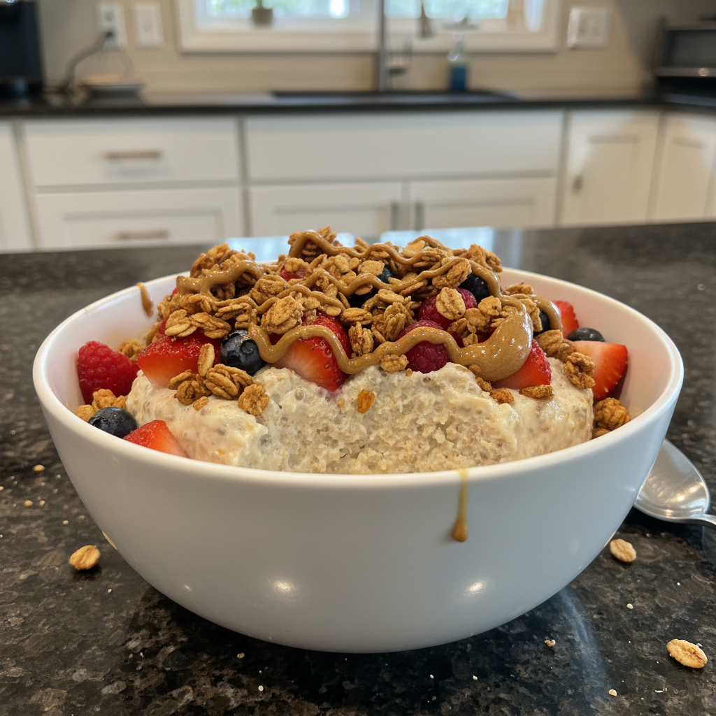 A beautifully layered High Protein Chia Pudding in a glass jar, topped with fresh berries and nuts.