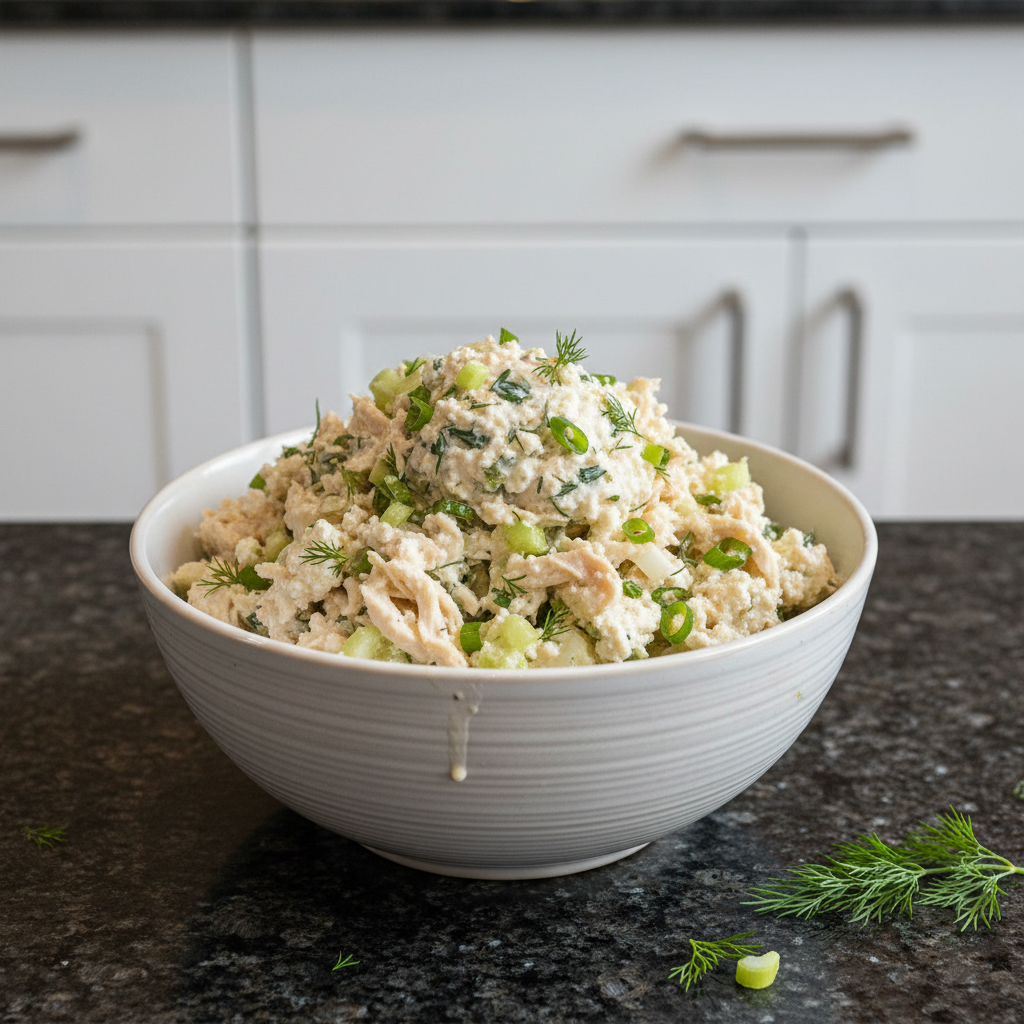 A creamy, delicious High Protein Cottage Cheese Chicken Salad served in a bowl, garnished with fresh dill.