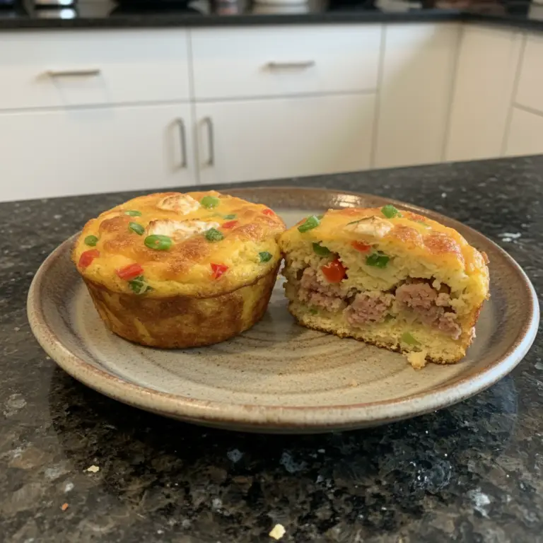 A close-up of golden brown High Protein Egg Muffins baked in a muffin tin, garnished with fresh chives, ready to eat.
