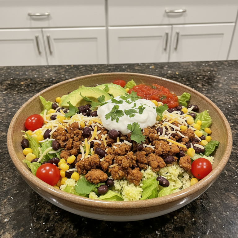 A vibrant High Protein Low Carb Turkey Taco Bowl piled high with seasoned ground turkey, fresh salsa, avocado, and lime.