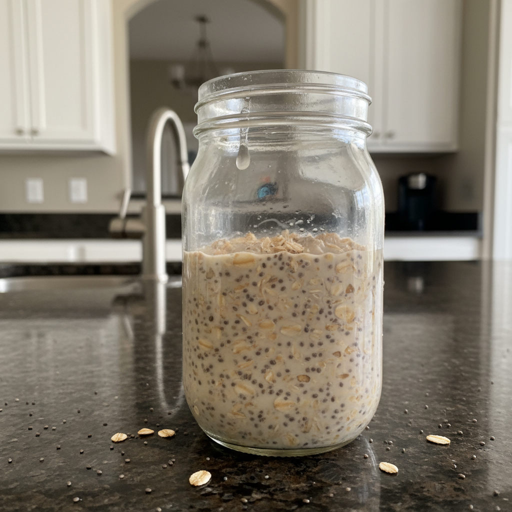 A close-up shot of creamy High Protein Overnight Oats in a glass jar, topped with fresh berries and nuts.