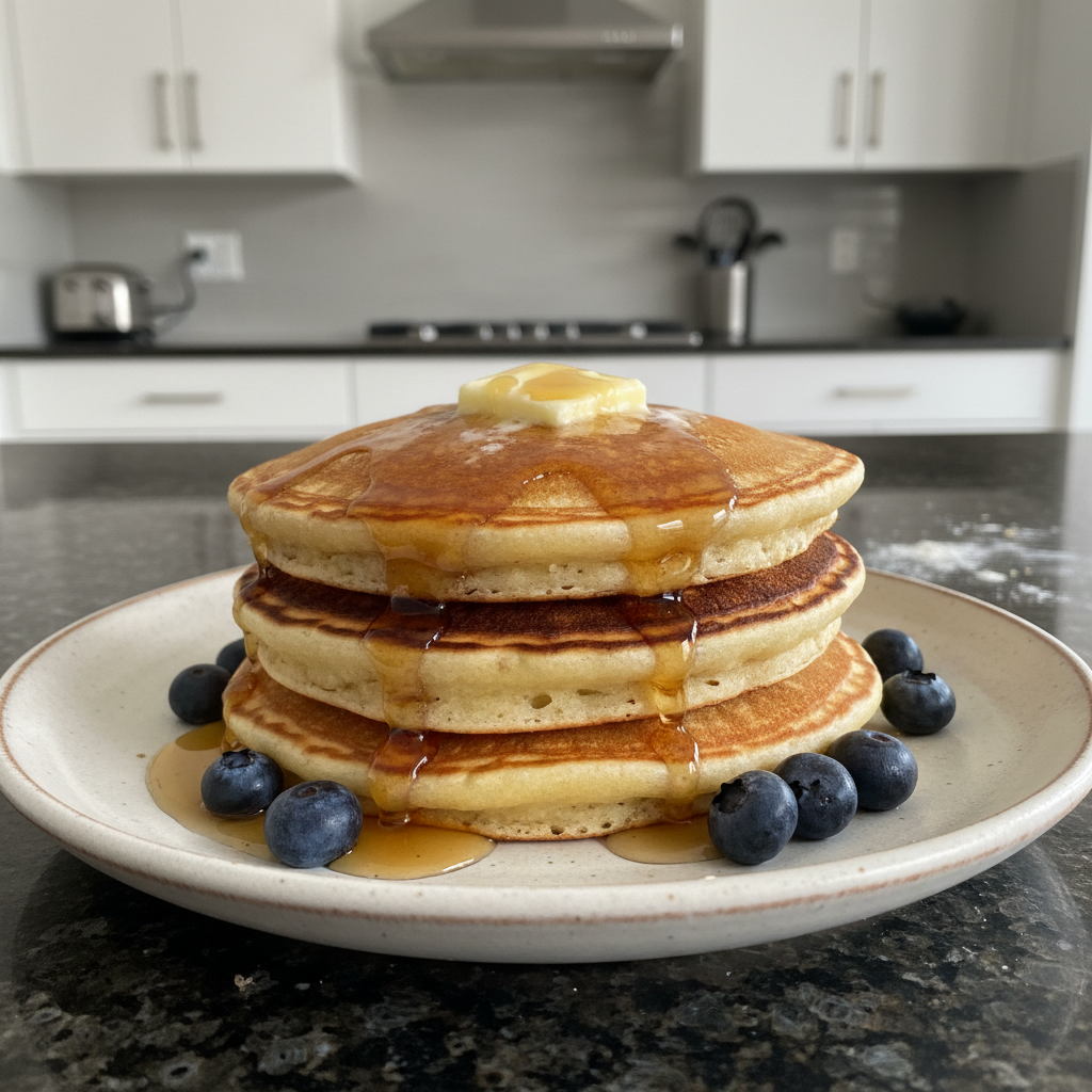 A close-up stack of fluffy high protein pancakes topped with fresh berries and a drizzle of maple syrup.