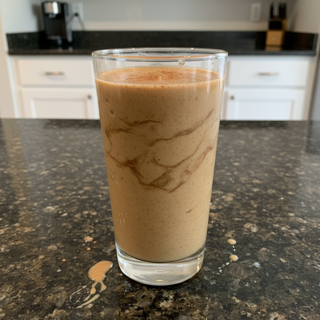 A creamy high protein peanut butter banana smoothie in a tall glass, garnished with banana slices and a sprinkle of chopped peanuts.