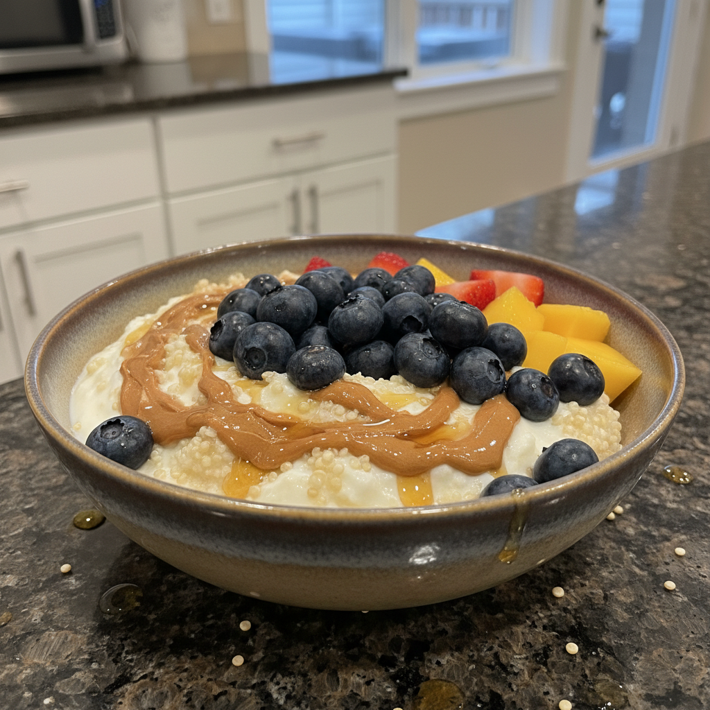 A vibrant and satisfying High Protein Quinoa Breakfast Bowl topped with fresh berries and nuts, ready to enjoy.