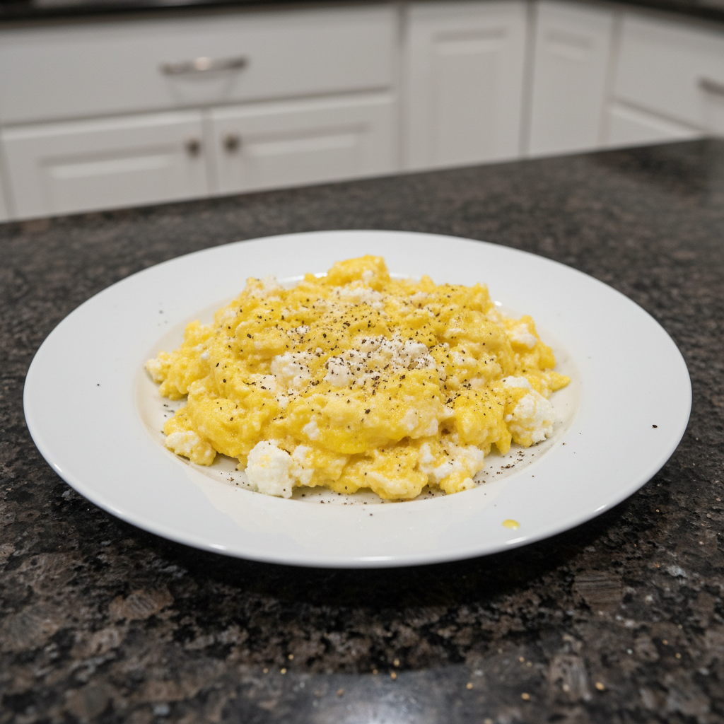 Fluffy, golden High Protein Scrambled Eggs served on a plate, ready to be enjoyed for a nutritious breakfast.