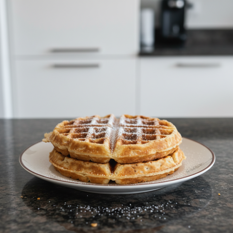 A delicious stack of golden brown High Protein Waffles topped with fresh berries and a drizzle of syrup.