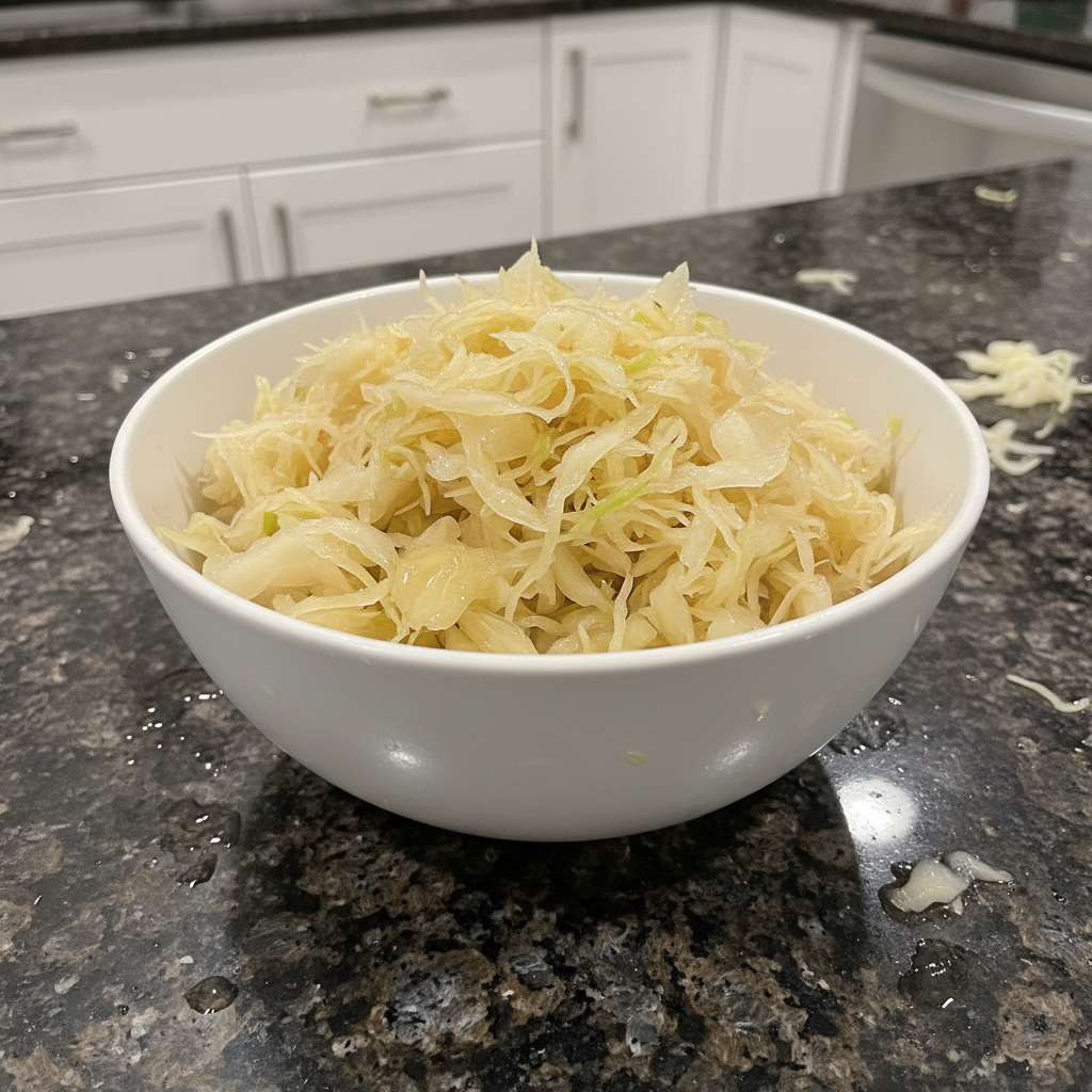 A beautiful bowl of freshly made homemade sauerkraut recipe, glistening with a vibrant crunch.