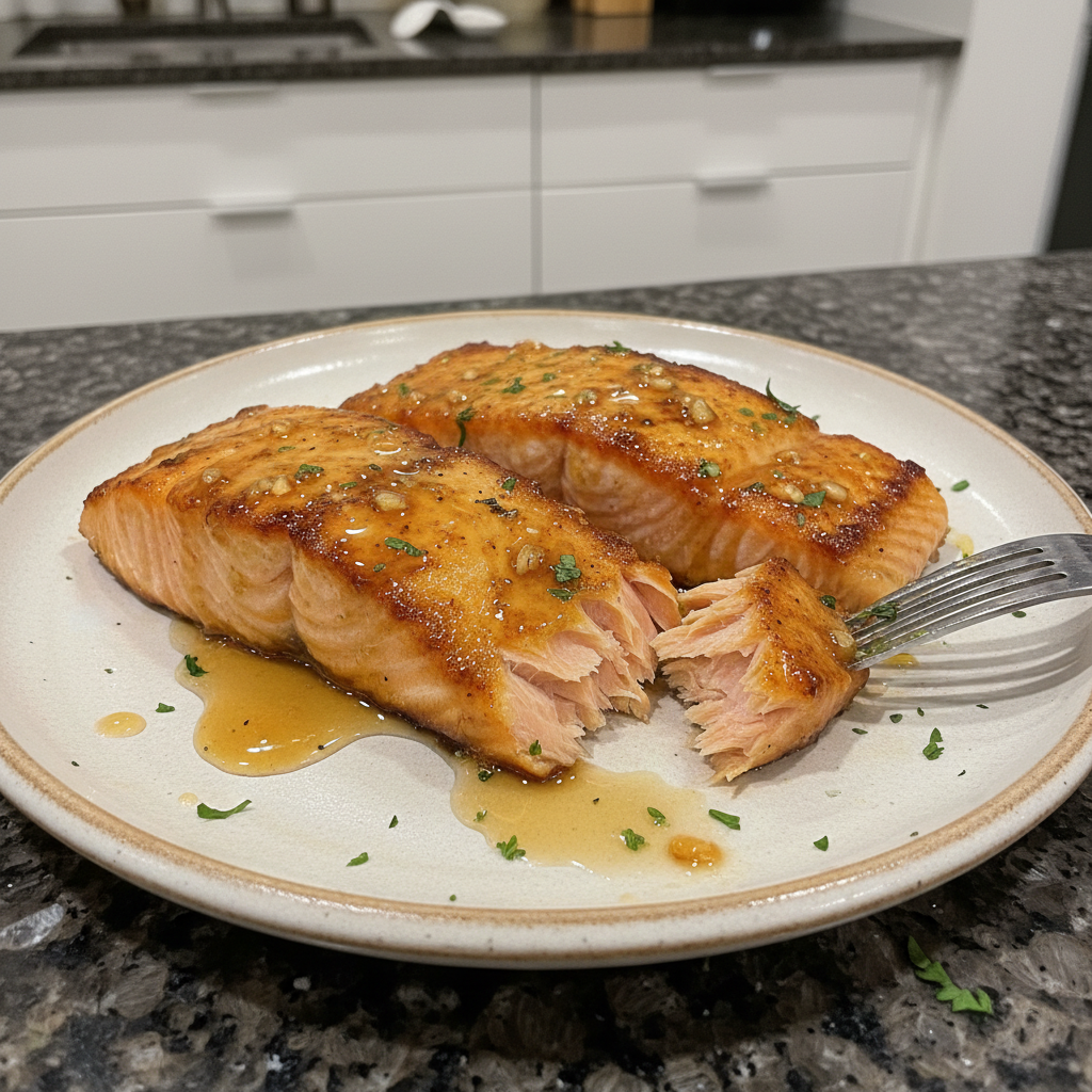 A glistening fillet of Honey Garlic Salmon, perfectly cooked and garnished with fresh parsley on a white plate.