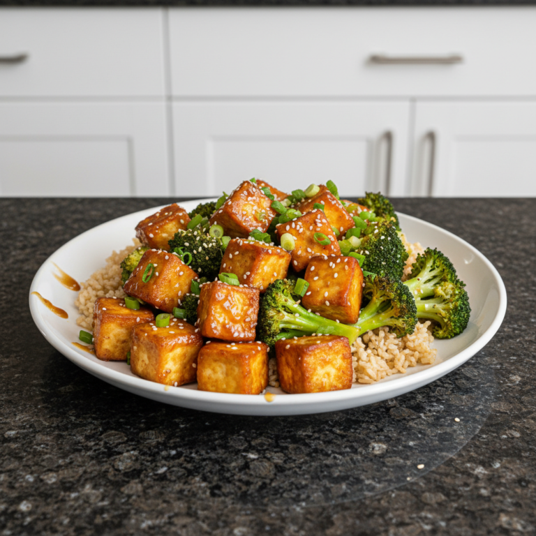 A vibrant plate of golden Honey Garlic Tofu & Broccoli with sesame seeds, ready to be enjoyed.